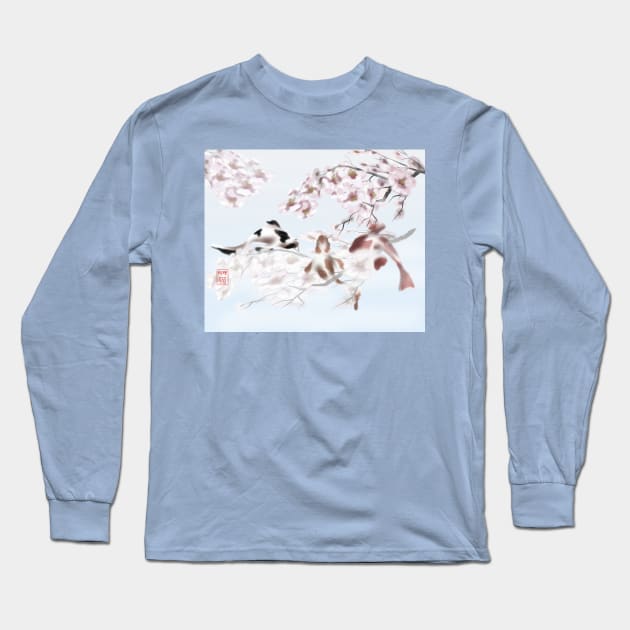 Koi carp with watercolour sakura sumi-e with a hint of blue Long Sleeve T-Shirt by cuisinecat